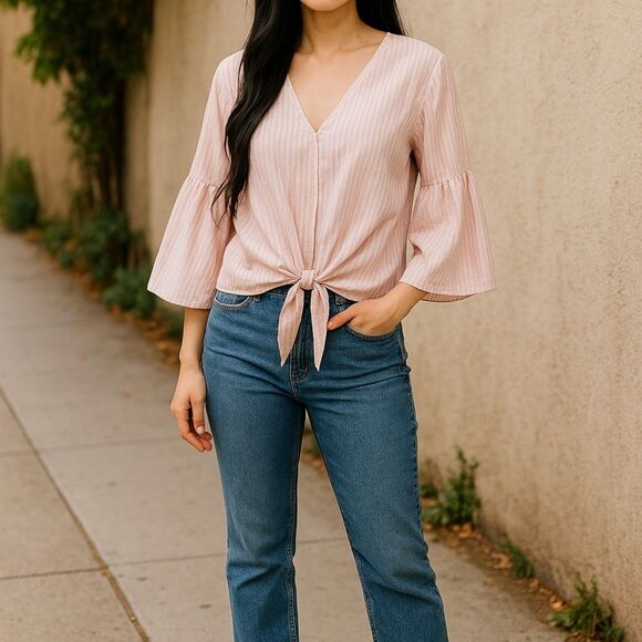 Lavender Field Women’s Cotton Top M Pink White Casual Boho V Neck Bell Sleeve - Picture 1 of 9